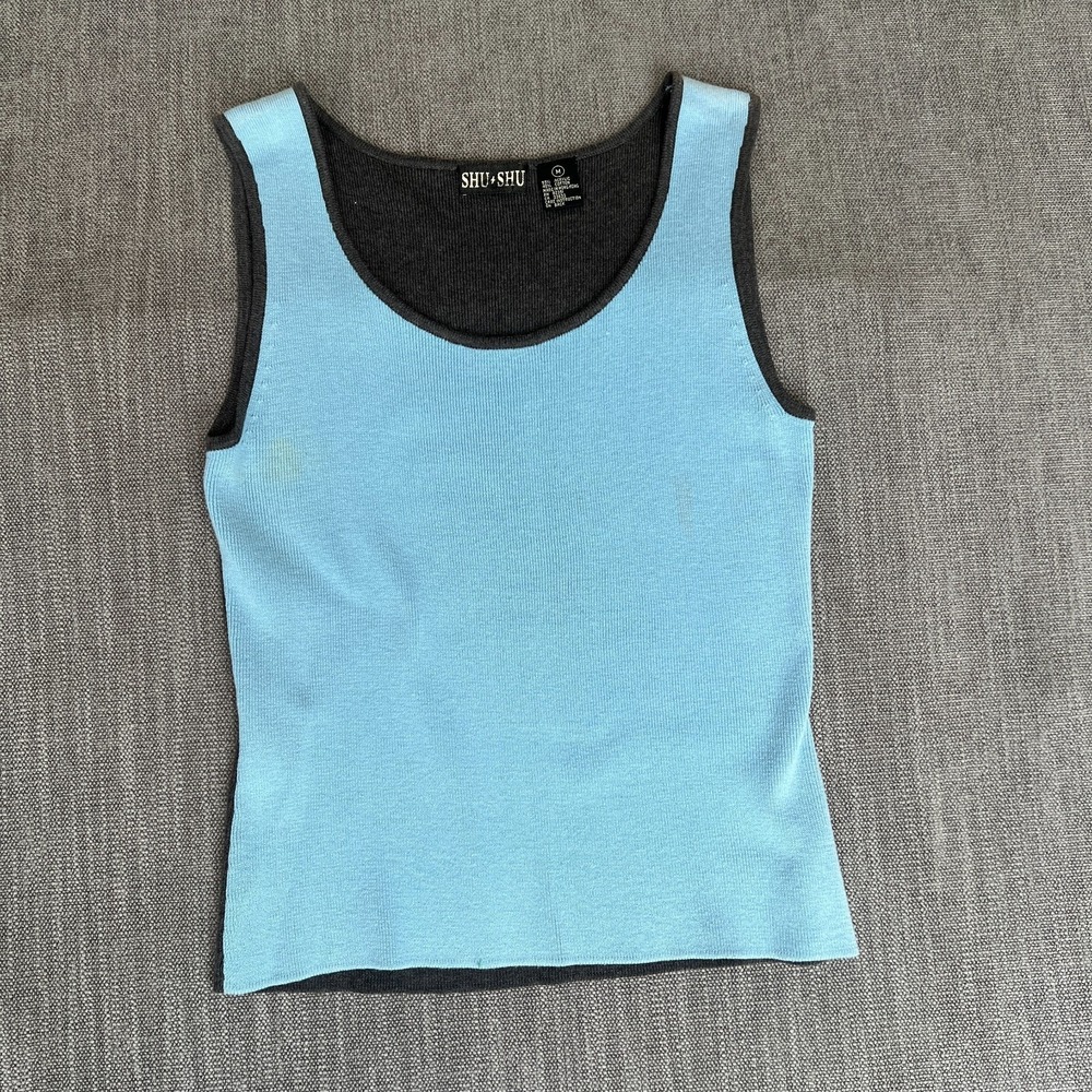 Vintage SHU+SHU Tank Top Womens M Blue Gray Knit Slim Fit Scoop Neck Pullover